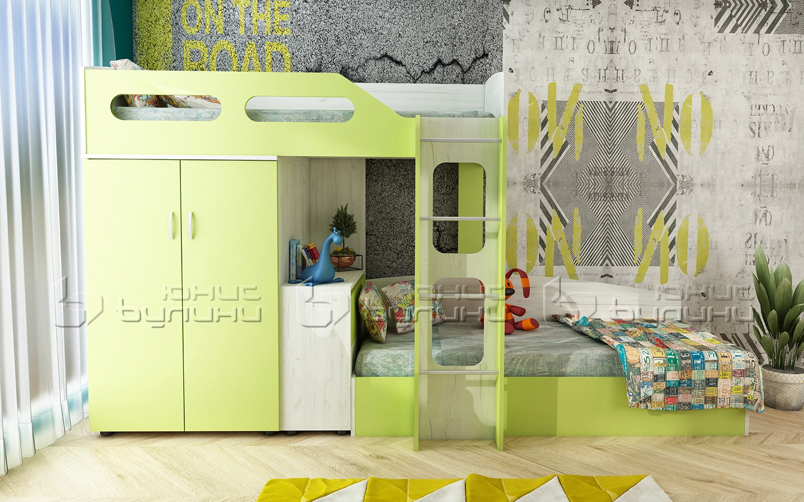 Двуетажно легло с гардероб